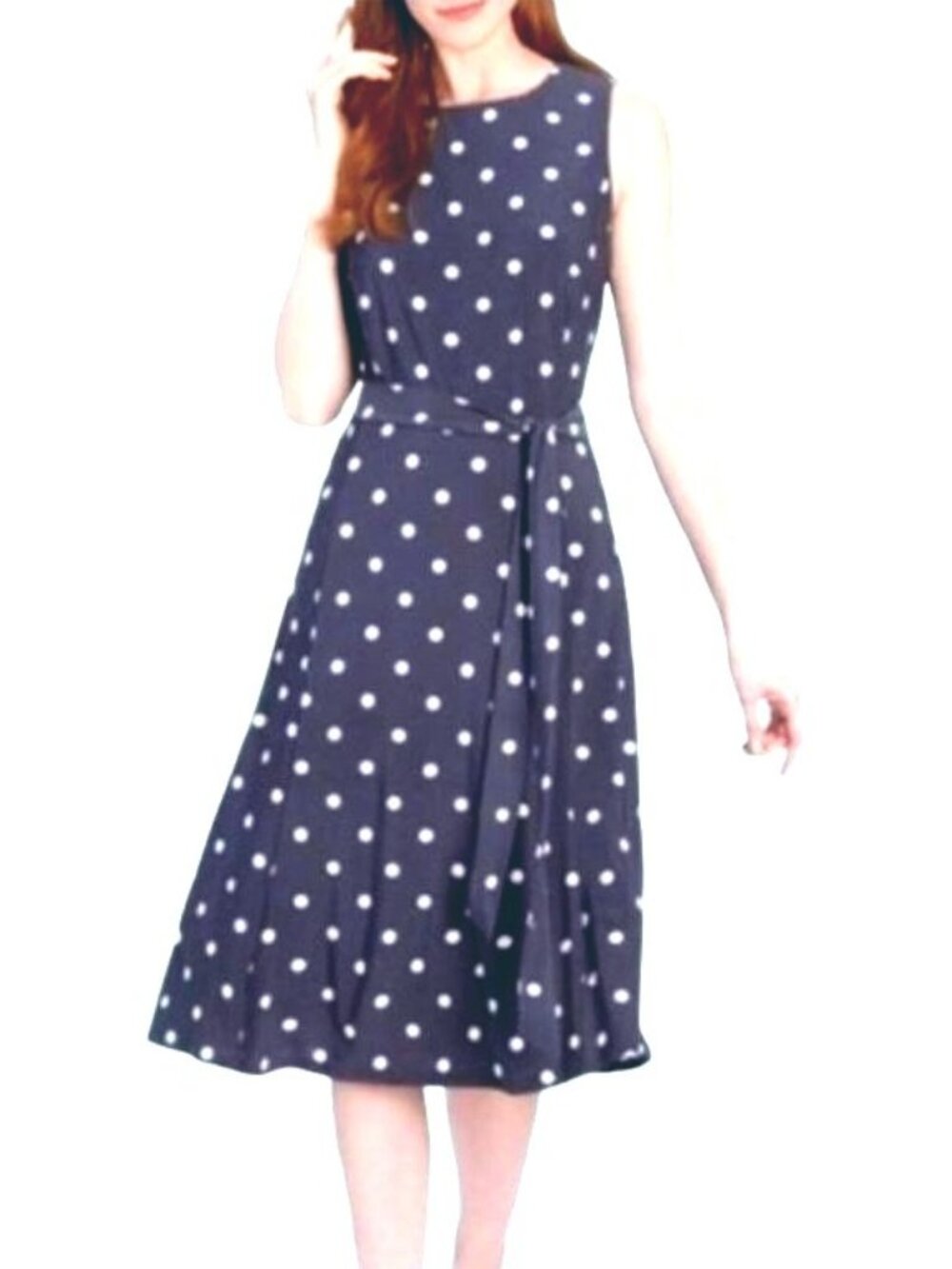 Anne Klein Navy Blue Polka Dot Midi Dress w/Tie Size L Stretch Summer Sleeveless